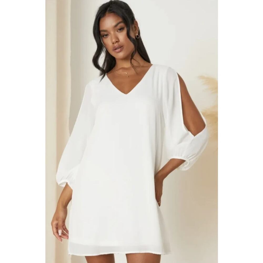 Lulus Women's White‎ Shifting Dears Long Sleeve Mini Dress Size Medium